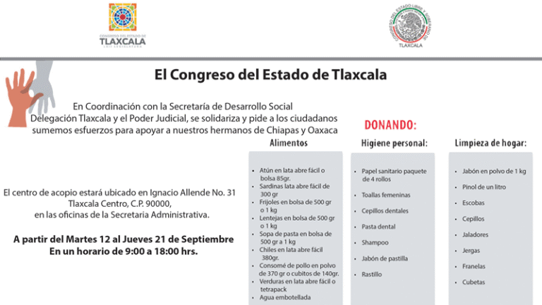 Congreso de Tlaxcala, PJ y SEDESOL Se Suman Para Apoyar Oaxaca y Chiapas