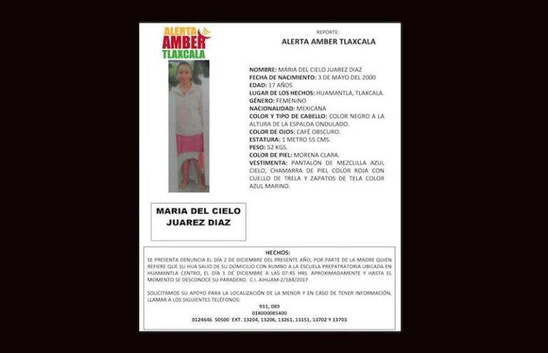 Alerta Amber Reporta Desaparición de la Menor María del Cielo Juárez Díaz