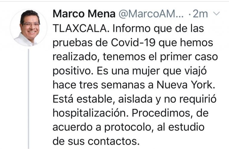 Confirma Gobernador Mena Primer Caso de COVID-19 en Tlaxcala