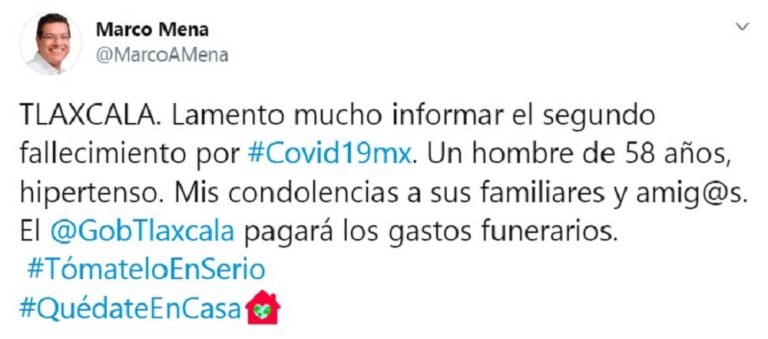 Tlaxcala Registra 2do Fallecimiento por Covid-19