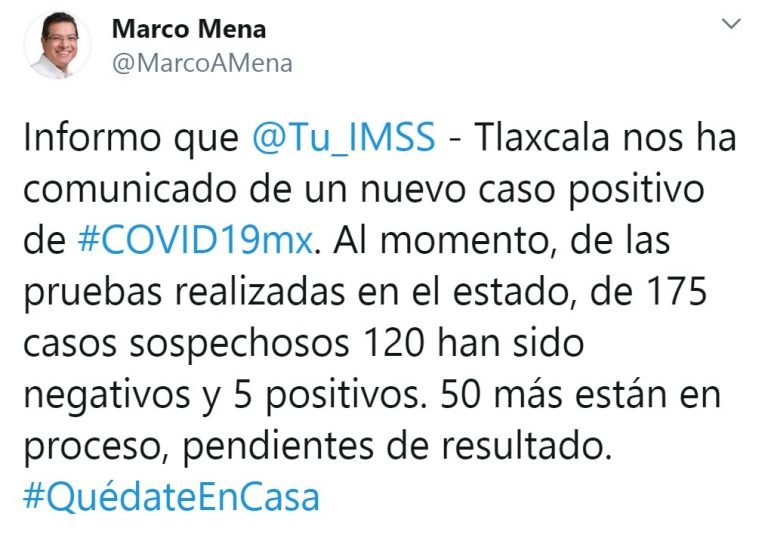 Confirma Sesa 5to Caso de Covid-19 en Tlaxcala
