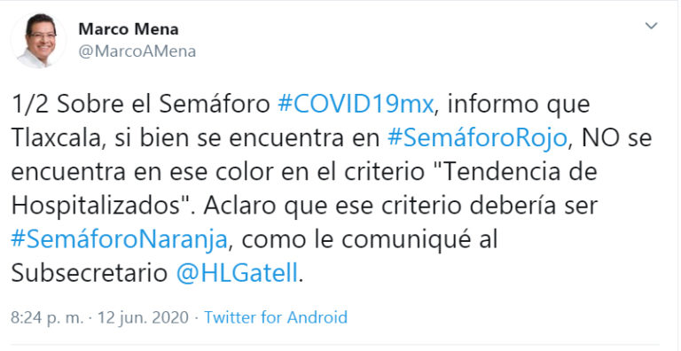 Tlaxcala Está en Semáforo Naranja, Aclara Marco Mena