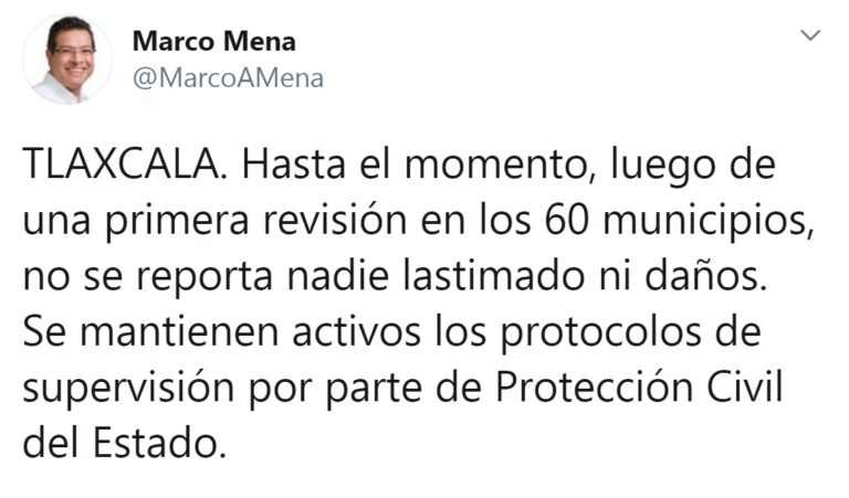 Tlaxcala, sin Lesionados ni Daños Tras Sismo: Marco Mena