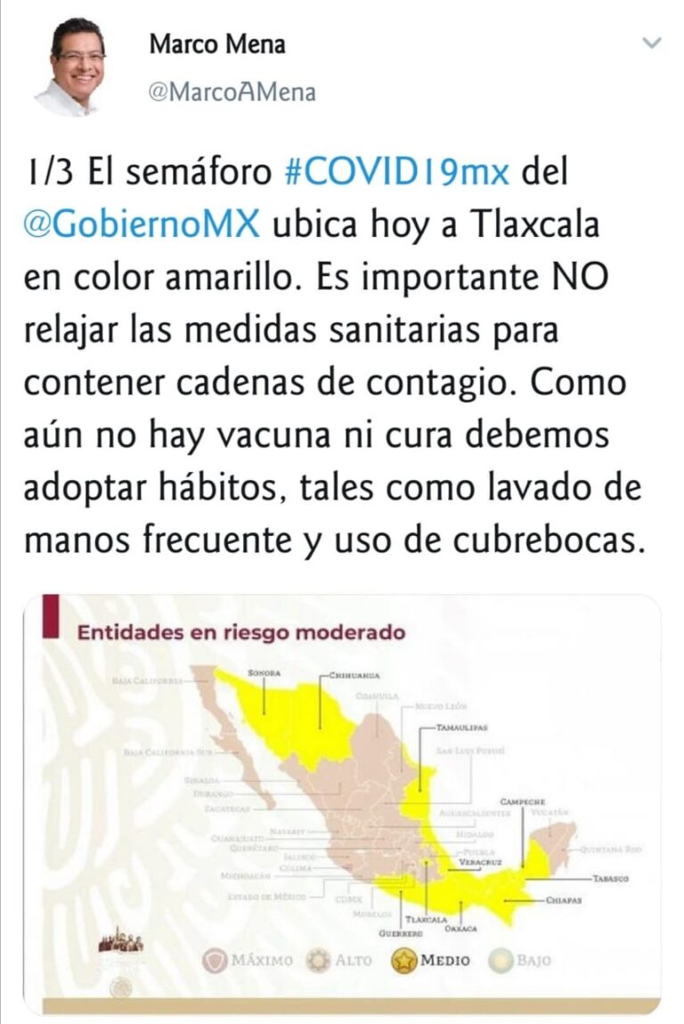 Tlaxcala Pasa a Semáforo Amarillo de Covid-19; No Relajar Medidas: Marco Mena
