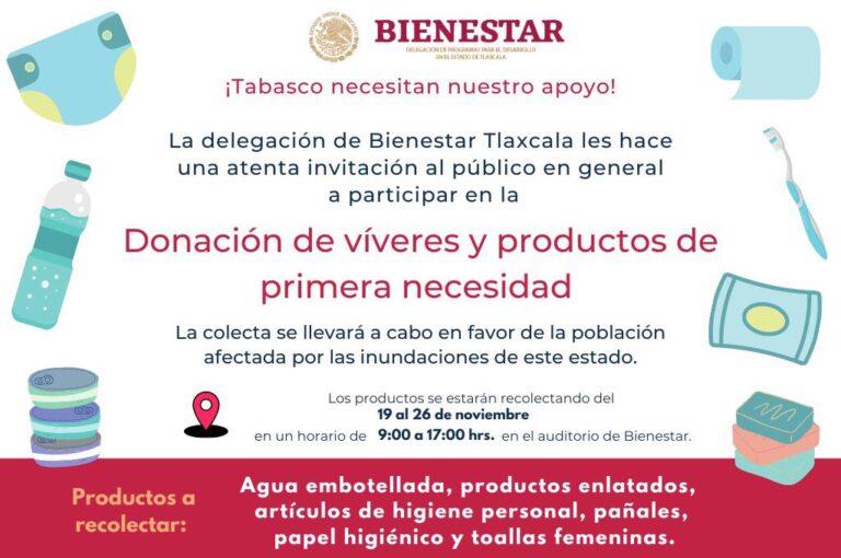 Invita Bienestar a Colecta de Víveres Para Damnificados de Tabasco