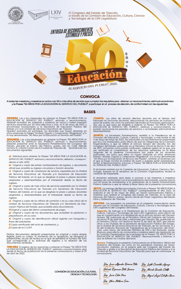 Convocatoria para la entrega de Presea «50 AÑOS POR LA EDUCACIÓN AL SERVICIO DEL PUEBLO»