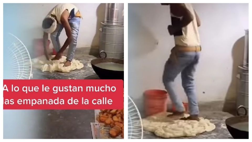 Exhiben a vendedor que prepara su masa con los pies