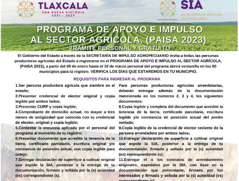 Convoca SIA al Registro del Programa de Apoyo e Impulso al Sector Agrícola 2023