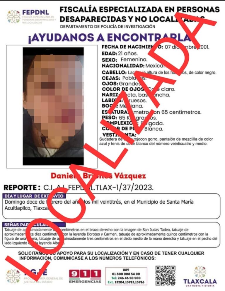 Policía de investigación localiza a mujer en Tetlanohcan: PGJE