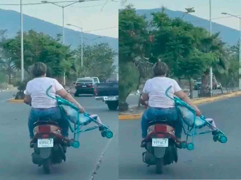 Mujer es captada llevando a su hijo en su carriola sobre una moto