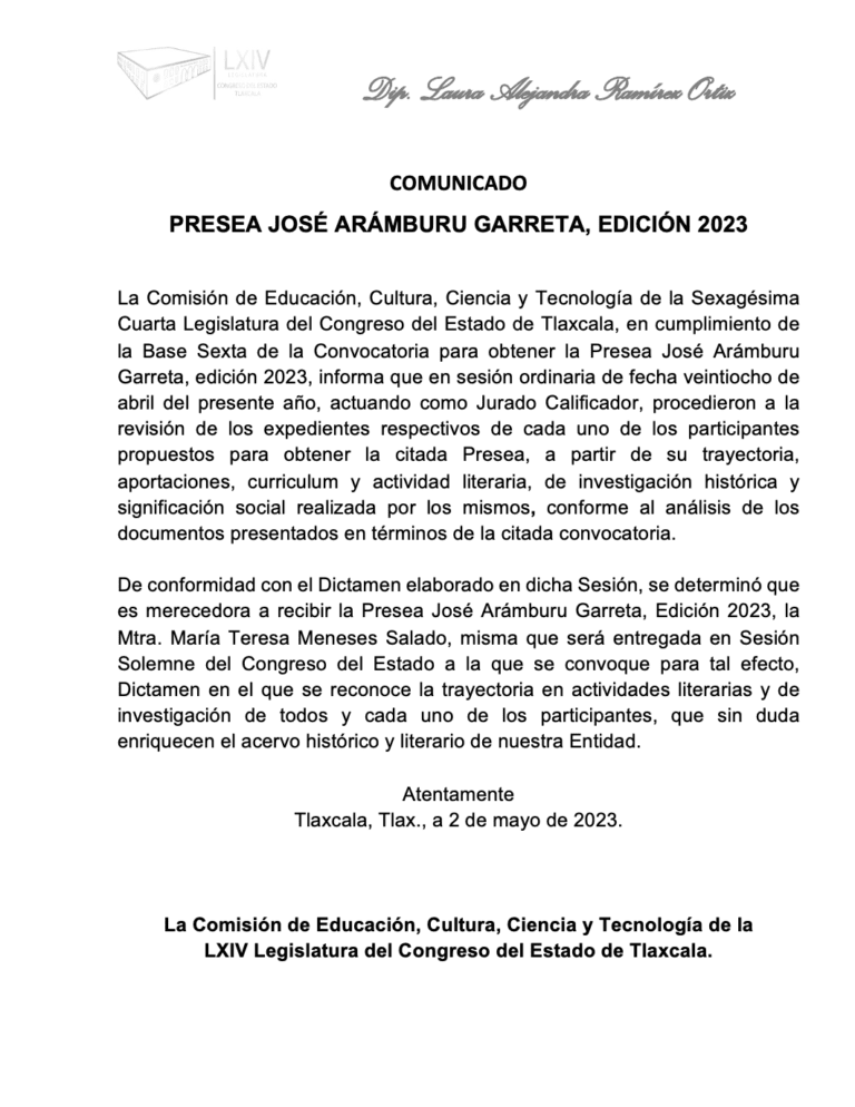 Determinan que la Mtra. María Teresa Meneses Salado reciba presea «José Arámburu Garreta» 2023