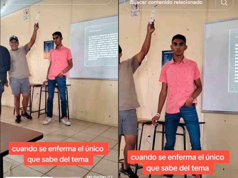 Estudiante expone en clase conectado a una bolsa de suero