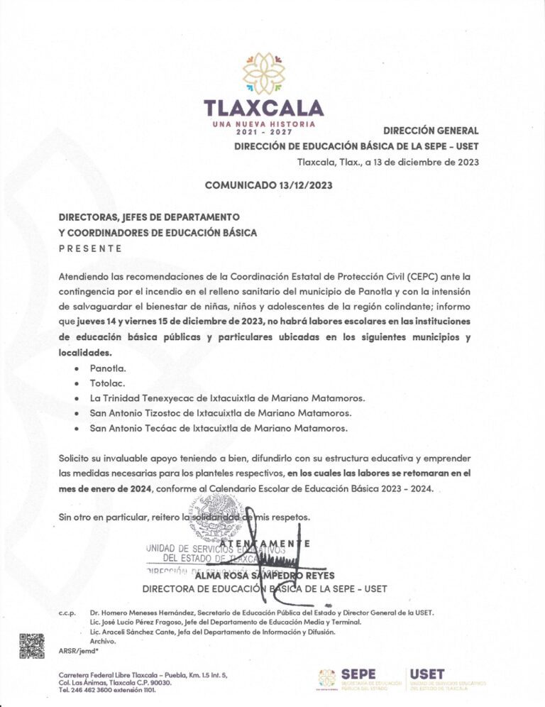 Continúa Suspensión de Clases en Escuelas Aledañas al Relleno Sanitario de Panotla