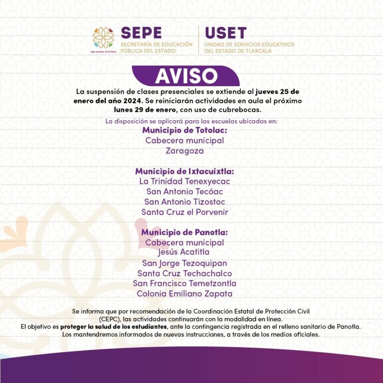 Se Amplia Suspensión de Clases al Jueves 25 de Enero