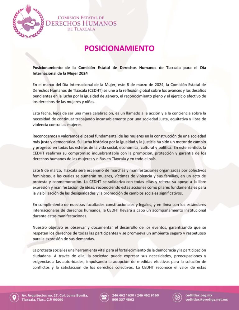 Posicionamiento de la Comisión Estatal de Derechos Humanos de Tlaxcala para el Día Internacional de la Mujer 2024