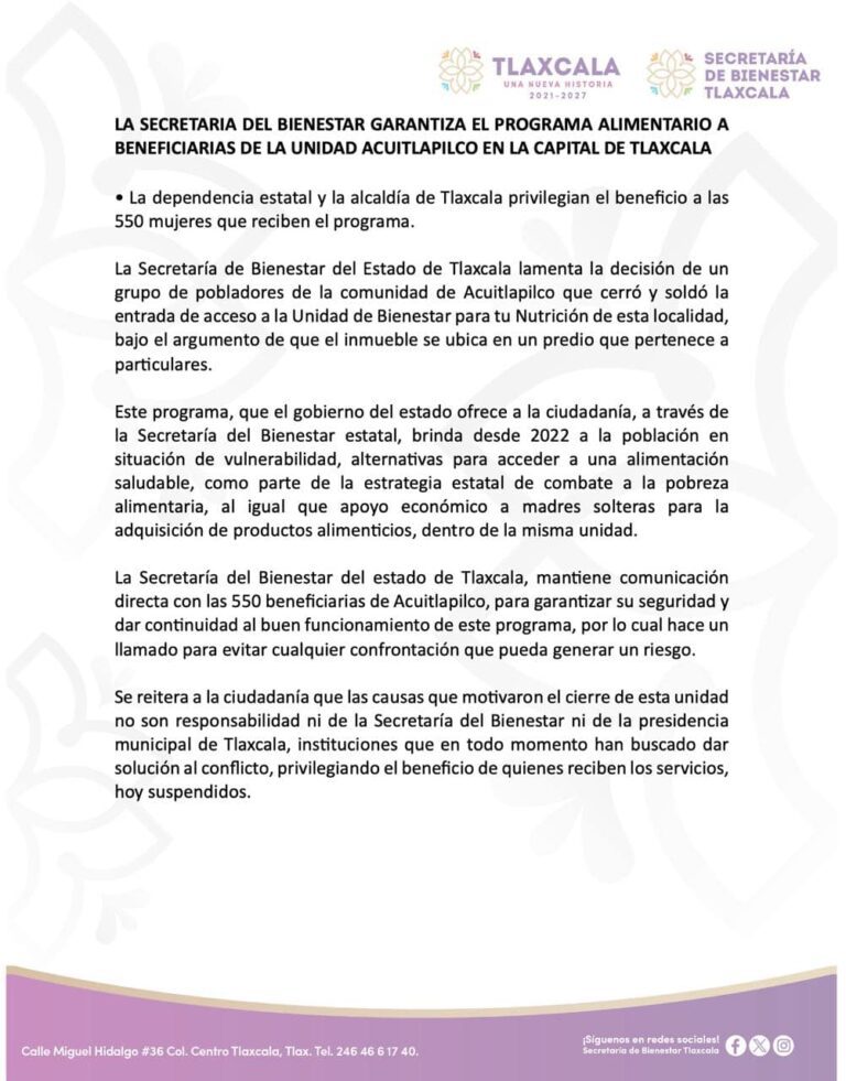 La Secretaría de Bienestar Garantiza el Programa Alimentario a Beneficiarias de la Unidad Acuitlapilco en la Capital de Tlaxcala