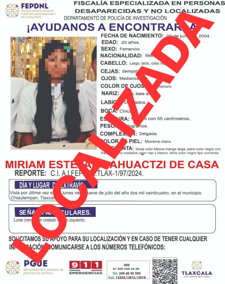 Ubican en Chiautempan a mujer reportada como no localizada: PGJE