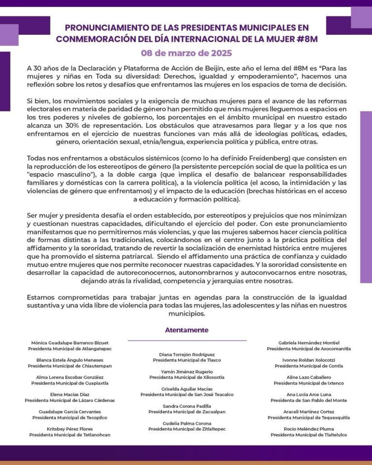 Emiten alcaldesas de Tlaxcala pronunciamiento a favor de las mujeres