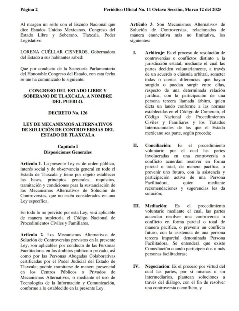 Publica Gobierno Estatal la Ley de Mecanismos Alternativos de Solución de Controversias del Estado de Tlaxcala