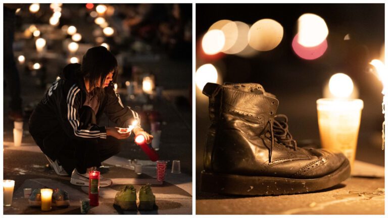 Colocan veladoras y zapatos por desaparecidos en el Zócalo de la CDMX